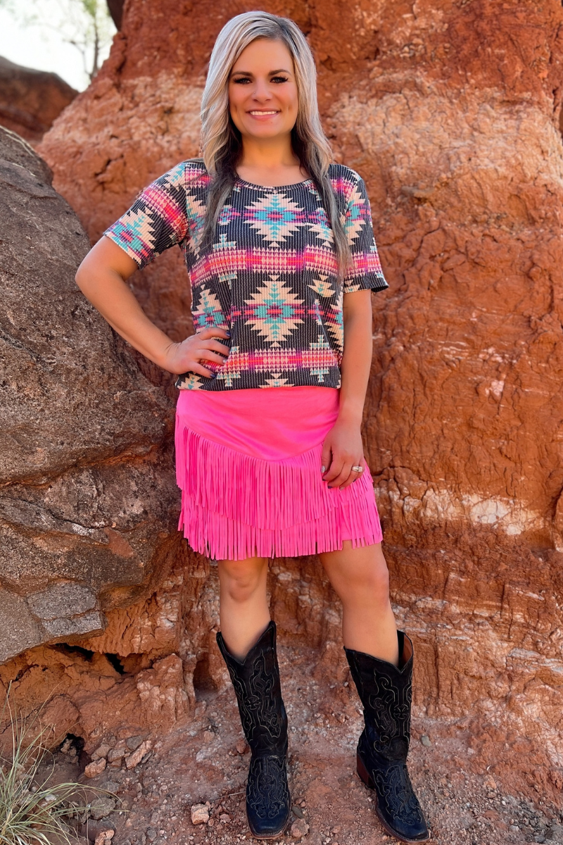 FORT WORTH FRINGE SKIRT PINK: XL