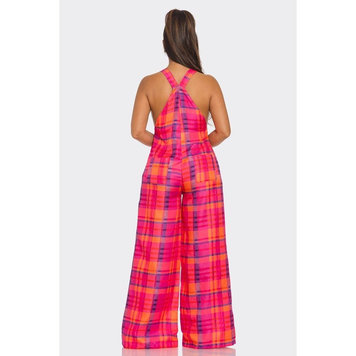 Plaid Chic Wide-Leg Overalls: HOT PINK/MULTI / M