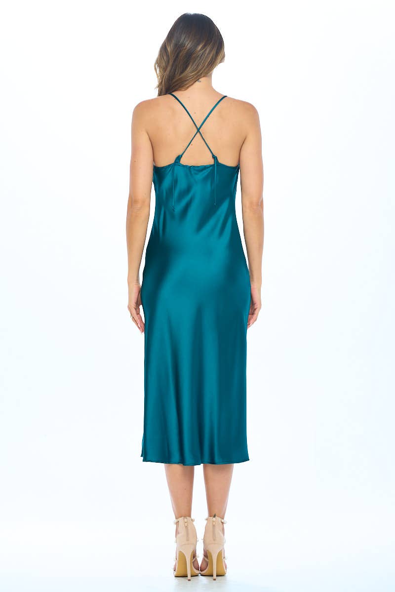Made in USA Satin Bias Slip Dress with Slit: HUNTER GREEN / LARGE