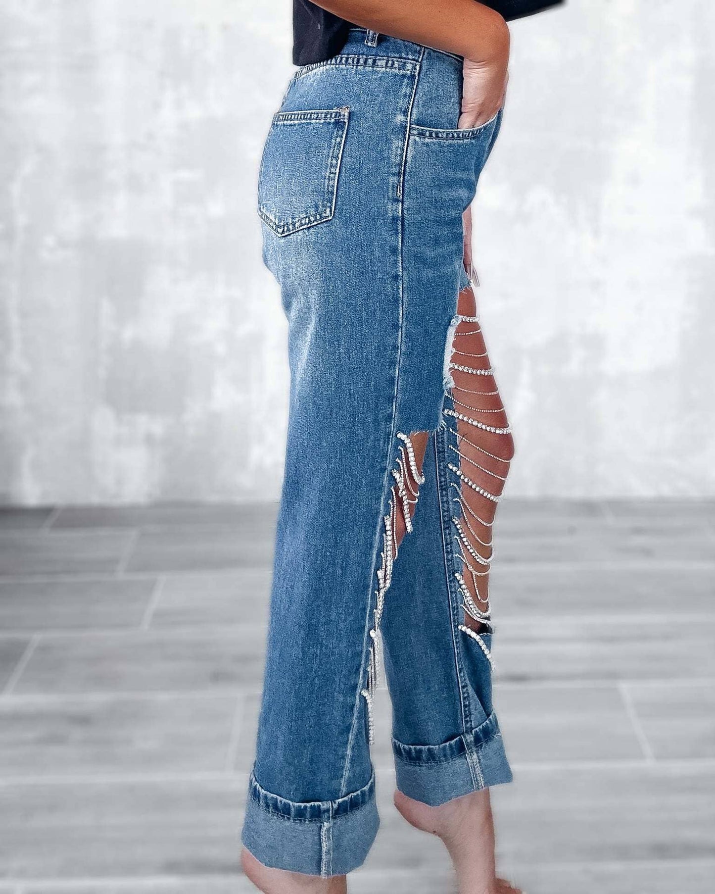 Denim & Diamonds Rhinestone Chain Ripped Cut Out Jeans: Blue / M