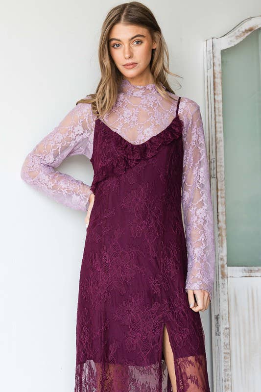 Floral print lace long sleeves top KRT1739: FUCHSIA / S