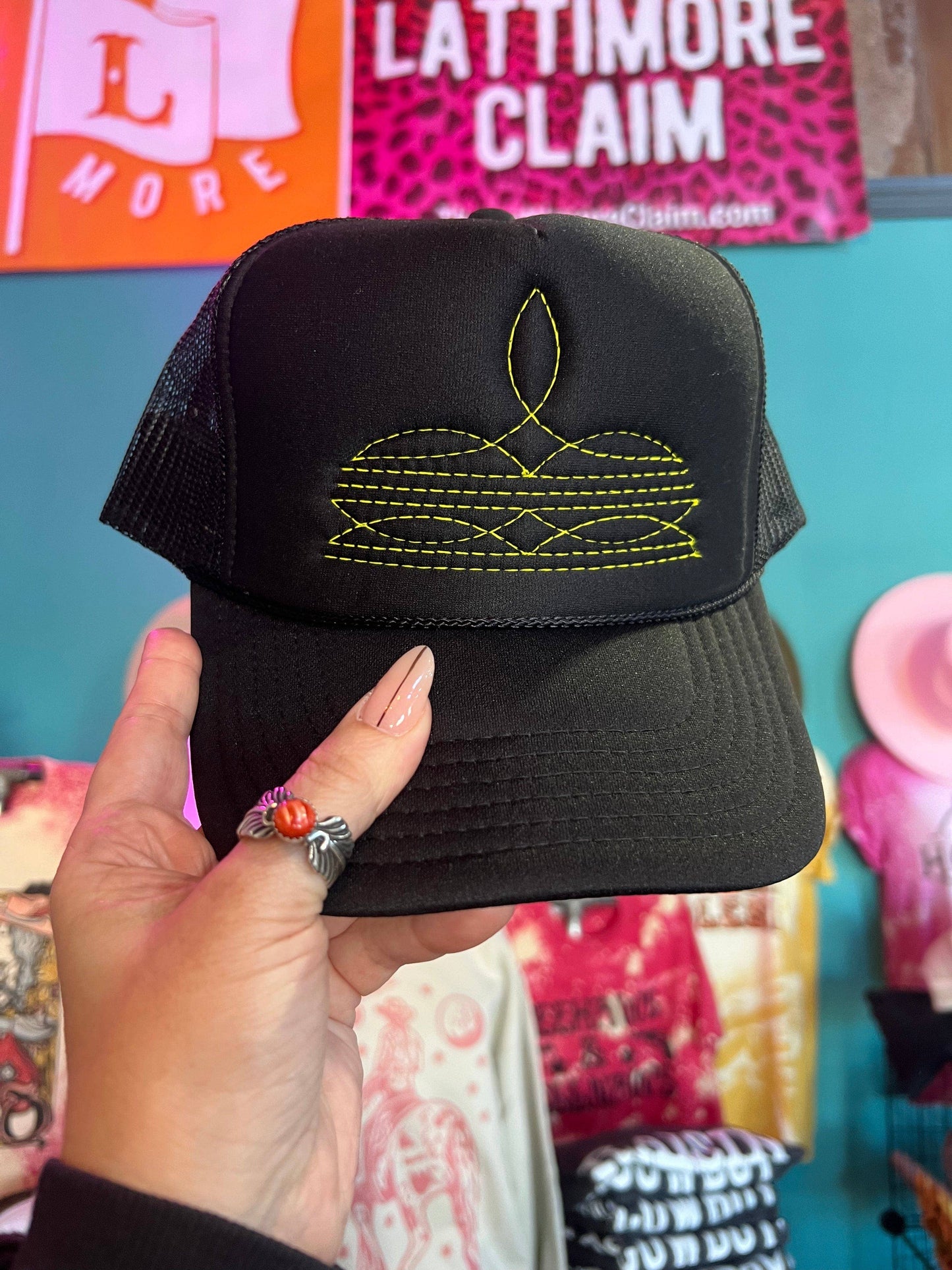 Boot Stitch Trucker Cap BLACK - Thread Colo: Neon Green
