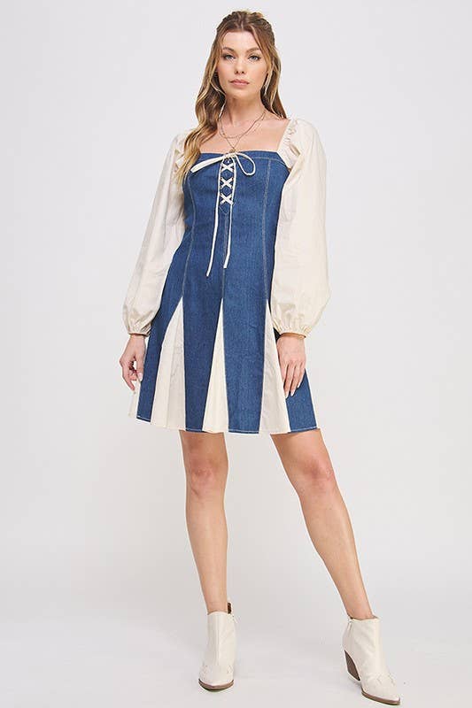 LONG SLEEVE 2-TONE LACE UP DENIM FLONCE DRESS: DENIM / S