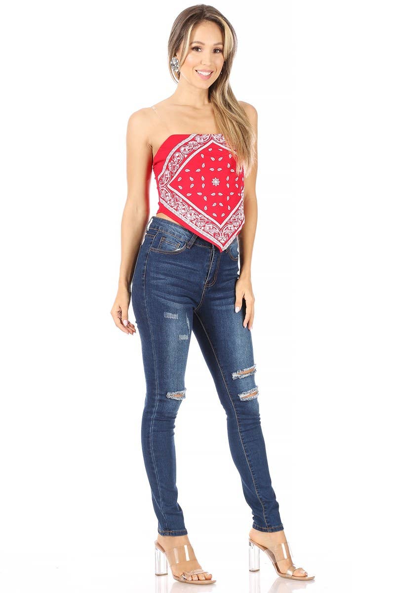 Paisley print, bandana top with clear spaghetti straps