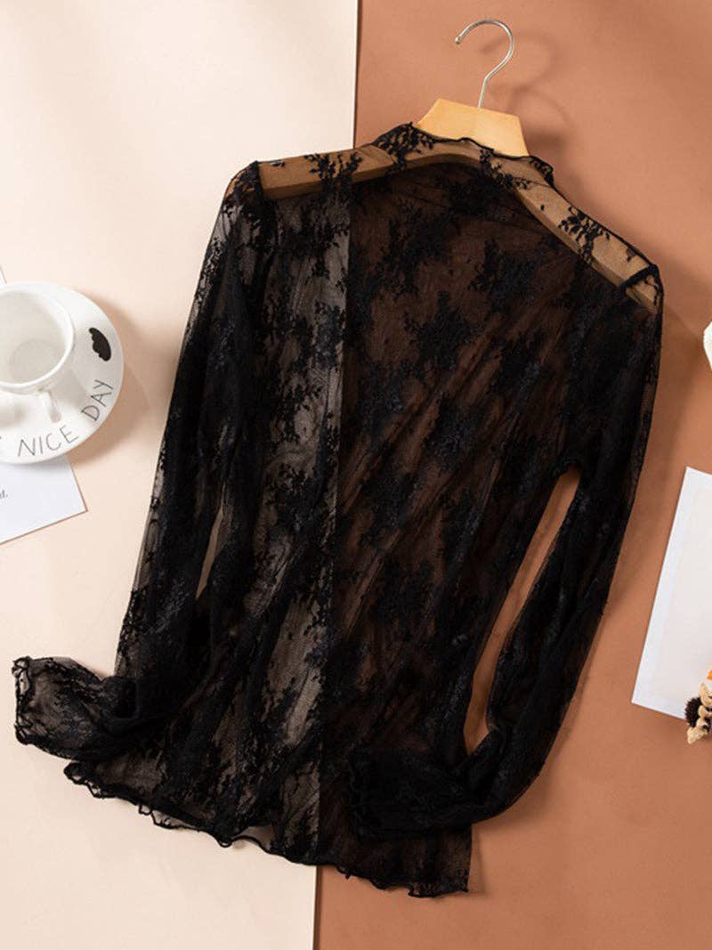 Lace Long Sleeve Top: BEIGE / L/XL