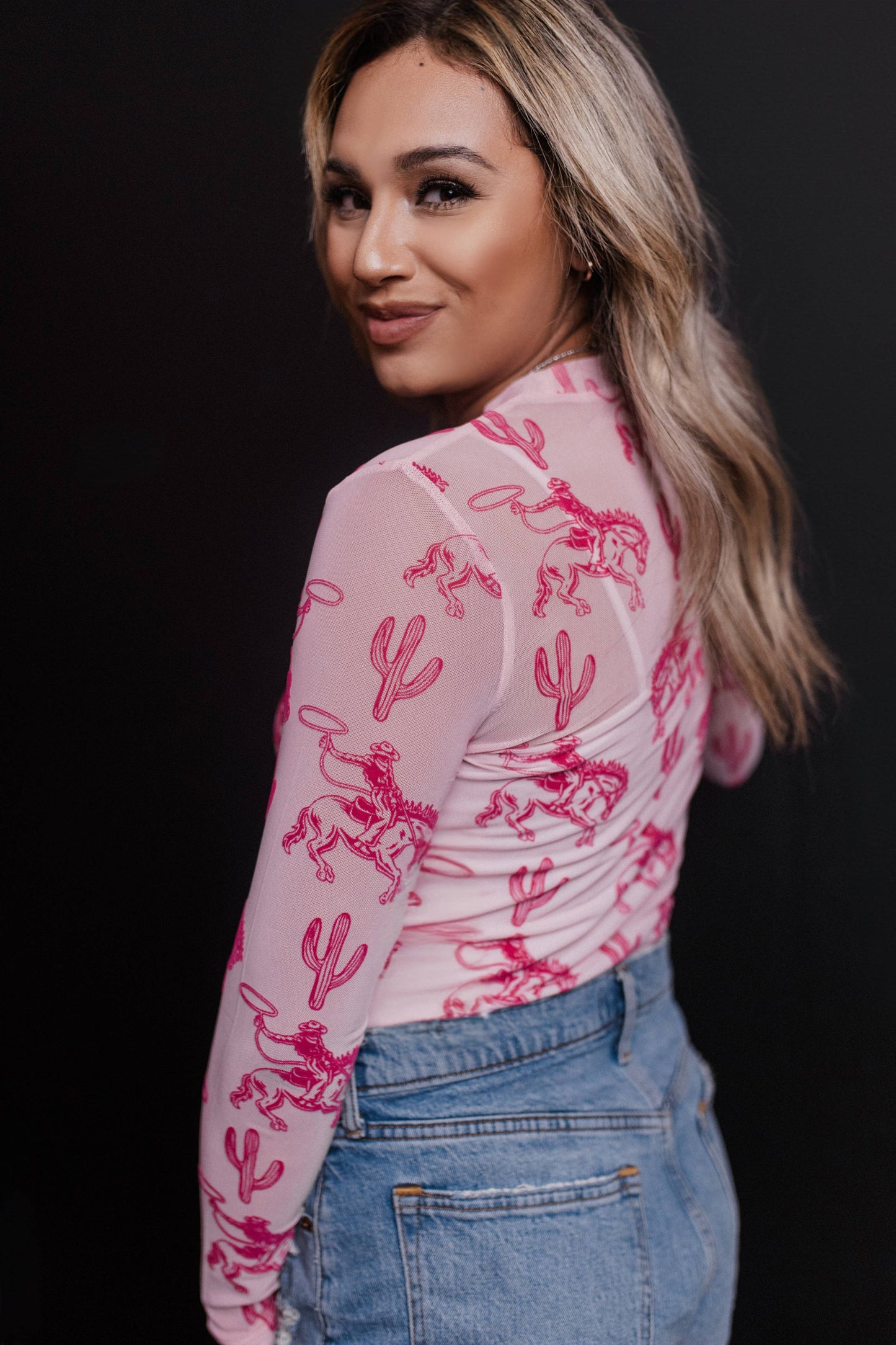 Pink Broncs Velvet Mesh Top: Pink / M