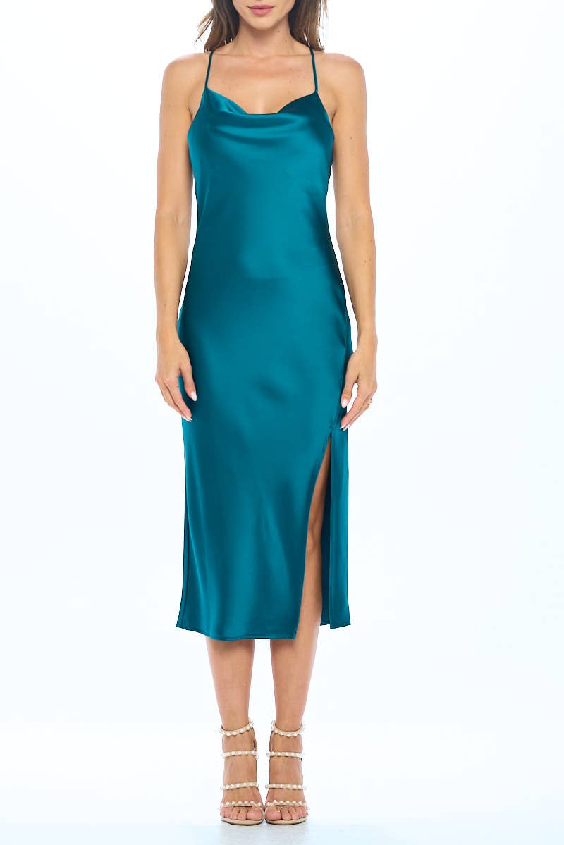 Made in USA Satin Bias Slip Dress with Slit: Teal