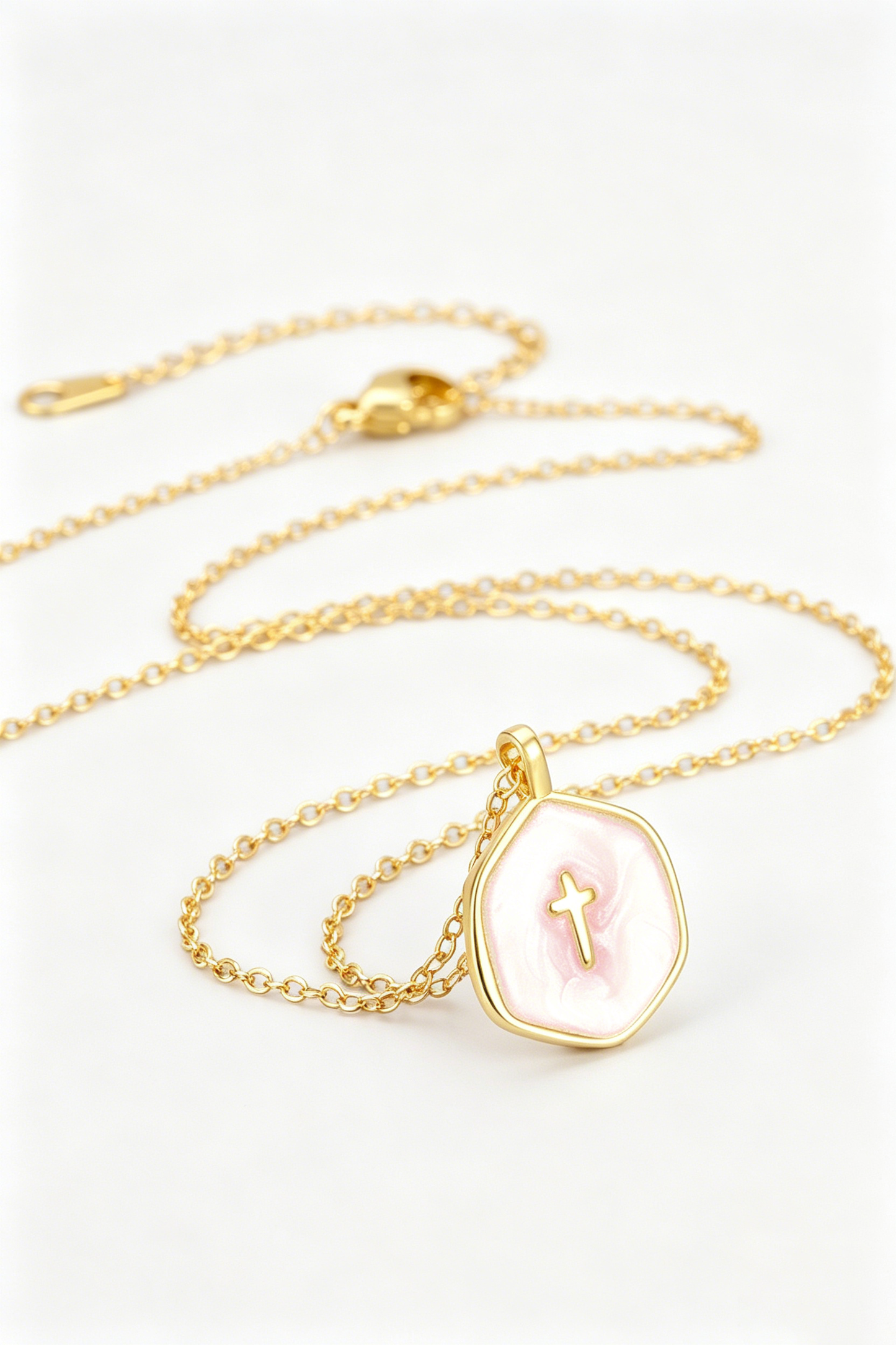 Hexagon Coastal Cross Necklace Goldtone Marine Enamel Chain: Blue