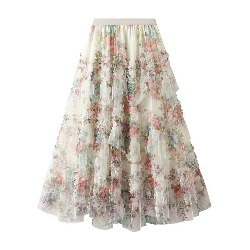 Floral tiered midi tulle skirt: Black / M