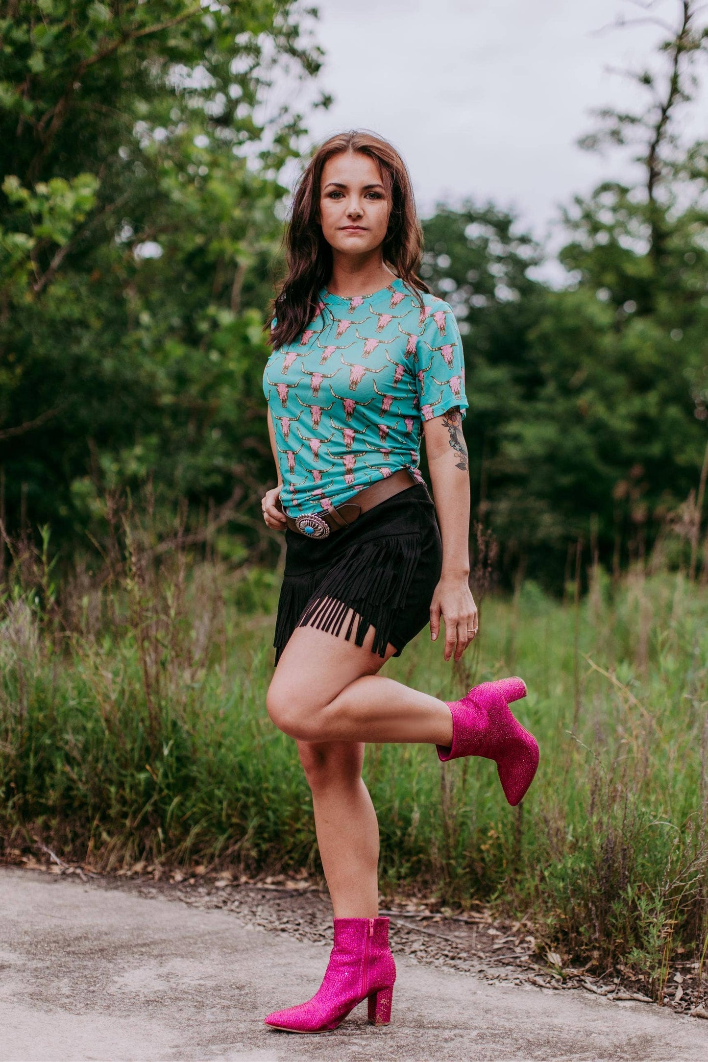 Short sleeve Mesh Top Cow Skull: Turquoise / S