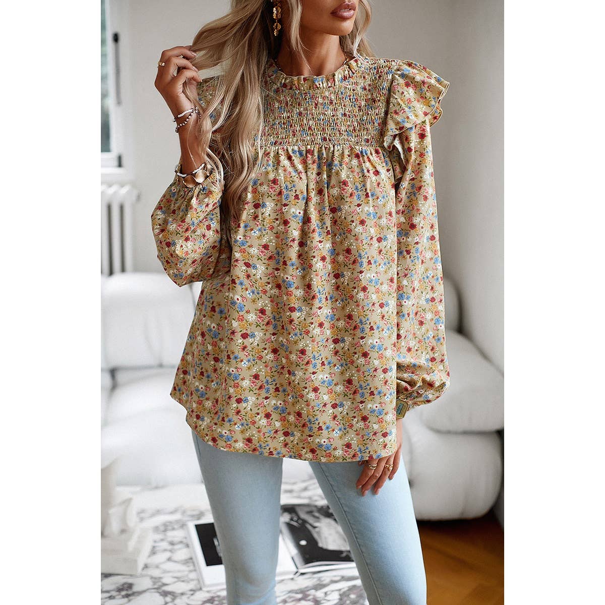 Floral Print Smocked Ruffled Shoulder Loose Blouse: BLUE / S