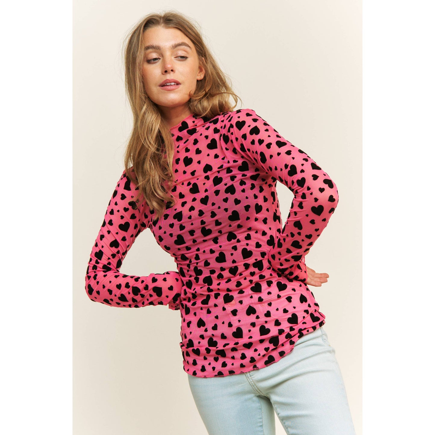 HEART COUNTRY HIGH NECK DESIGN LONG SLEEVE FITTED TOP: Hot Pink with Black Hearts / S-M-L