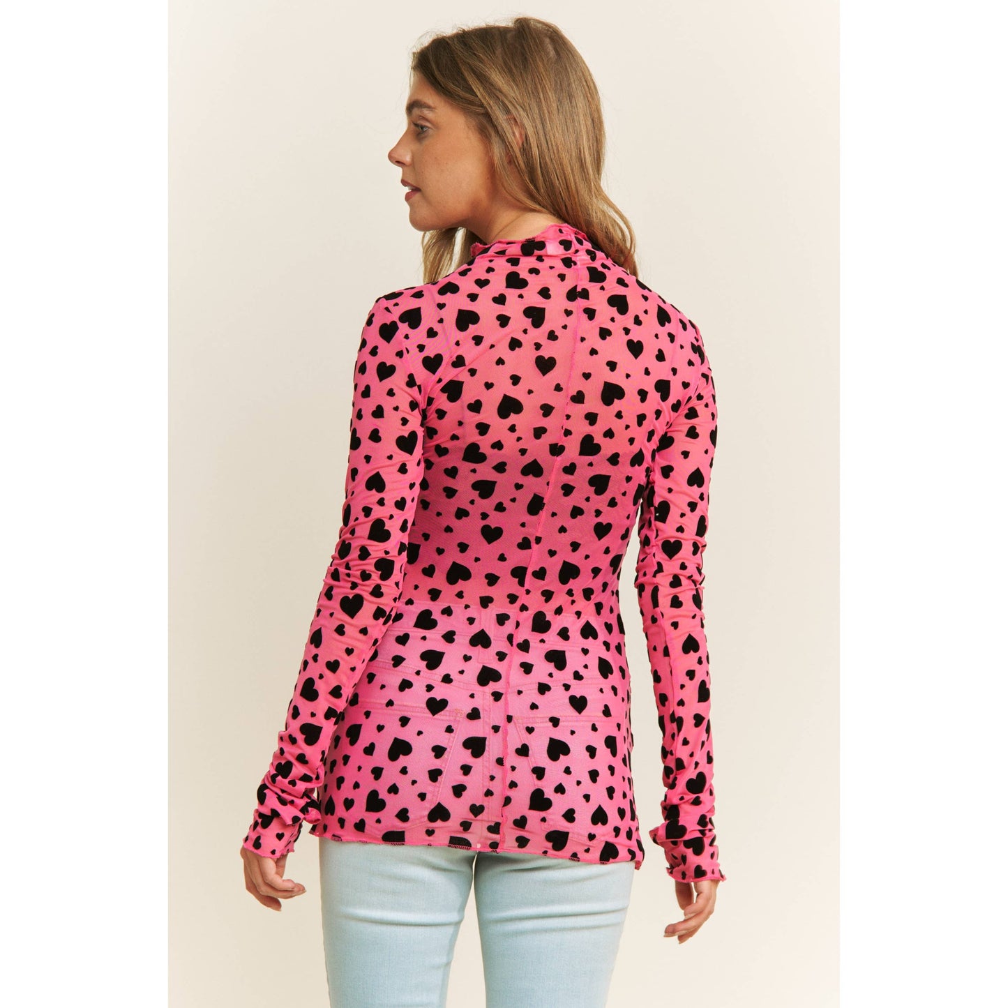 HEART COUNTRY HIGH NECK DESIGN LONG SLEEVE FITTED TOP: Hot Pink with Black Hearts / S-M-L