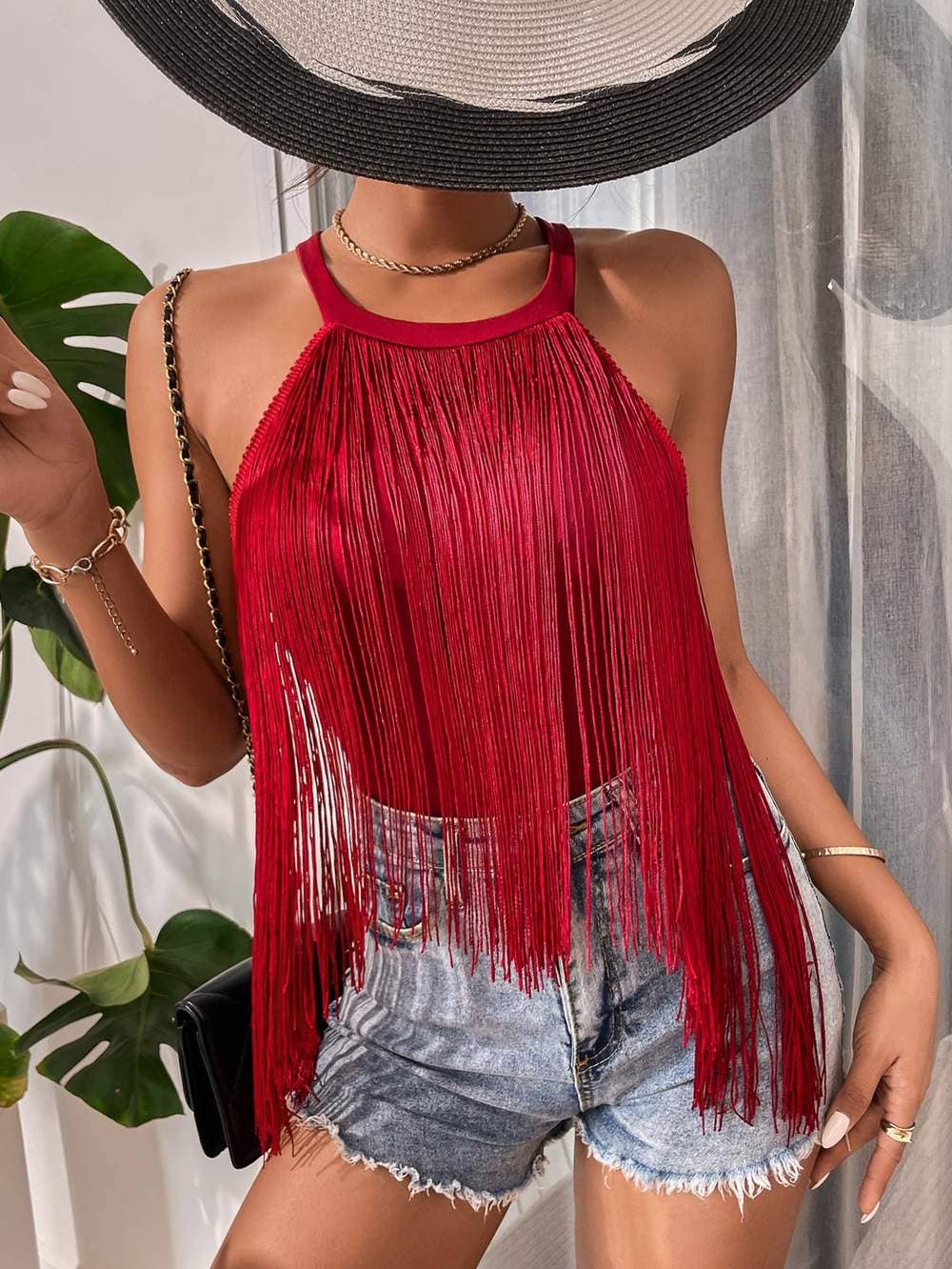 Solid fringe Halter top: BURGUNDY