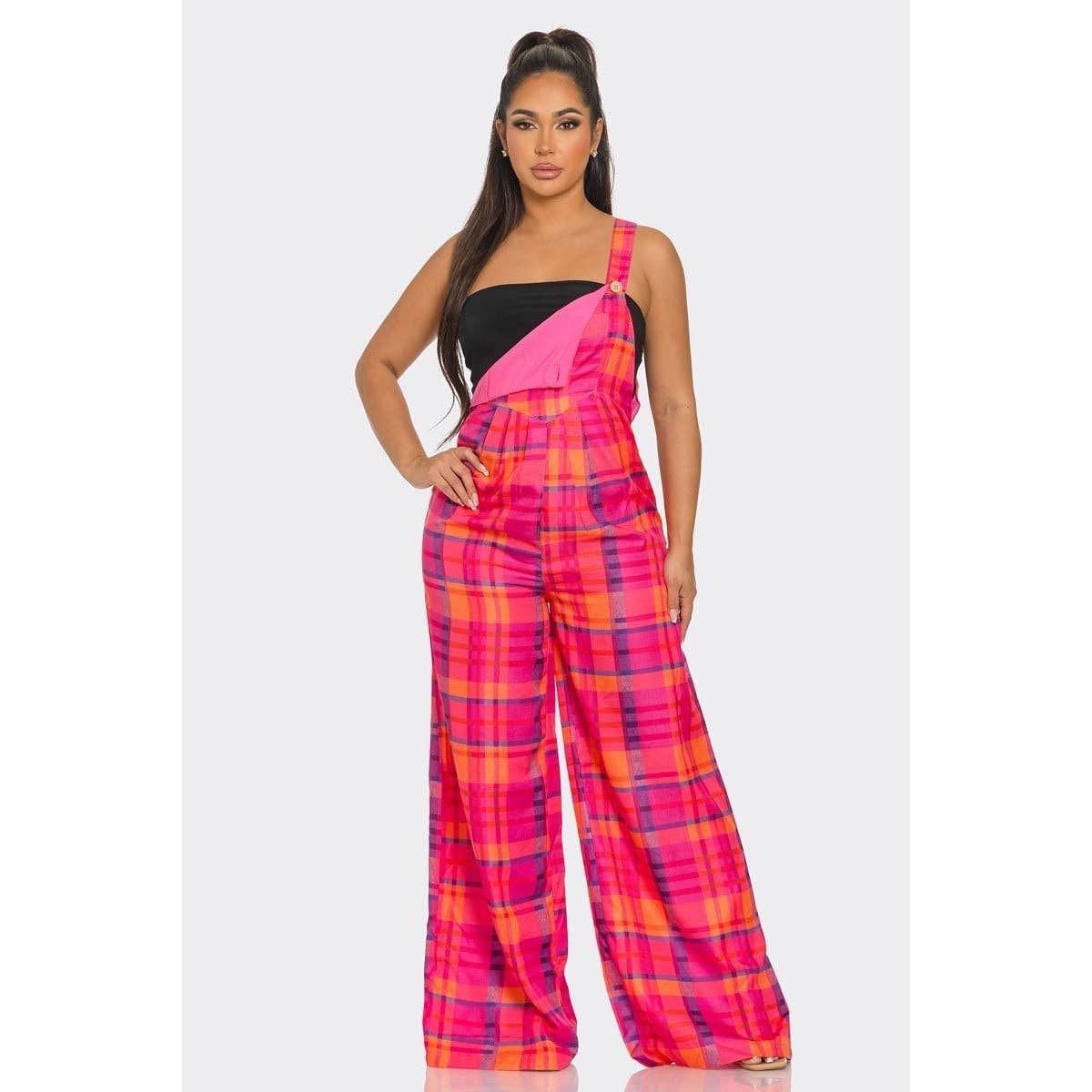 Plaid Chic Wide-Leg Overalls: HOT PINK/MULTI / M