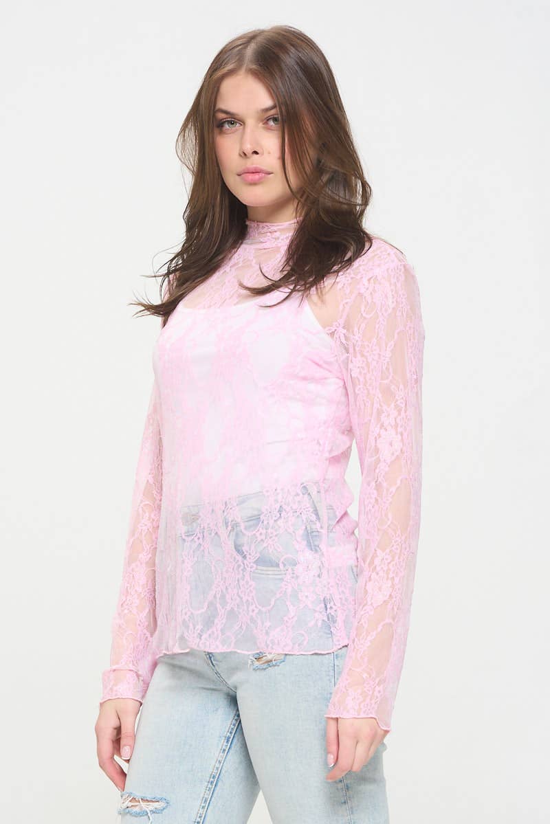 Floral print lace long sleeves top KRT1739: FUCHSIA / M