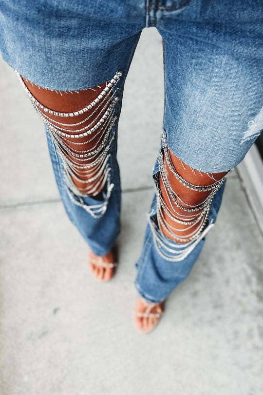 Denim & Diamonds Rhinestone Chain Ripped Cut Out Jeans: Blue / M