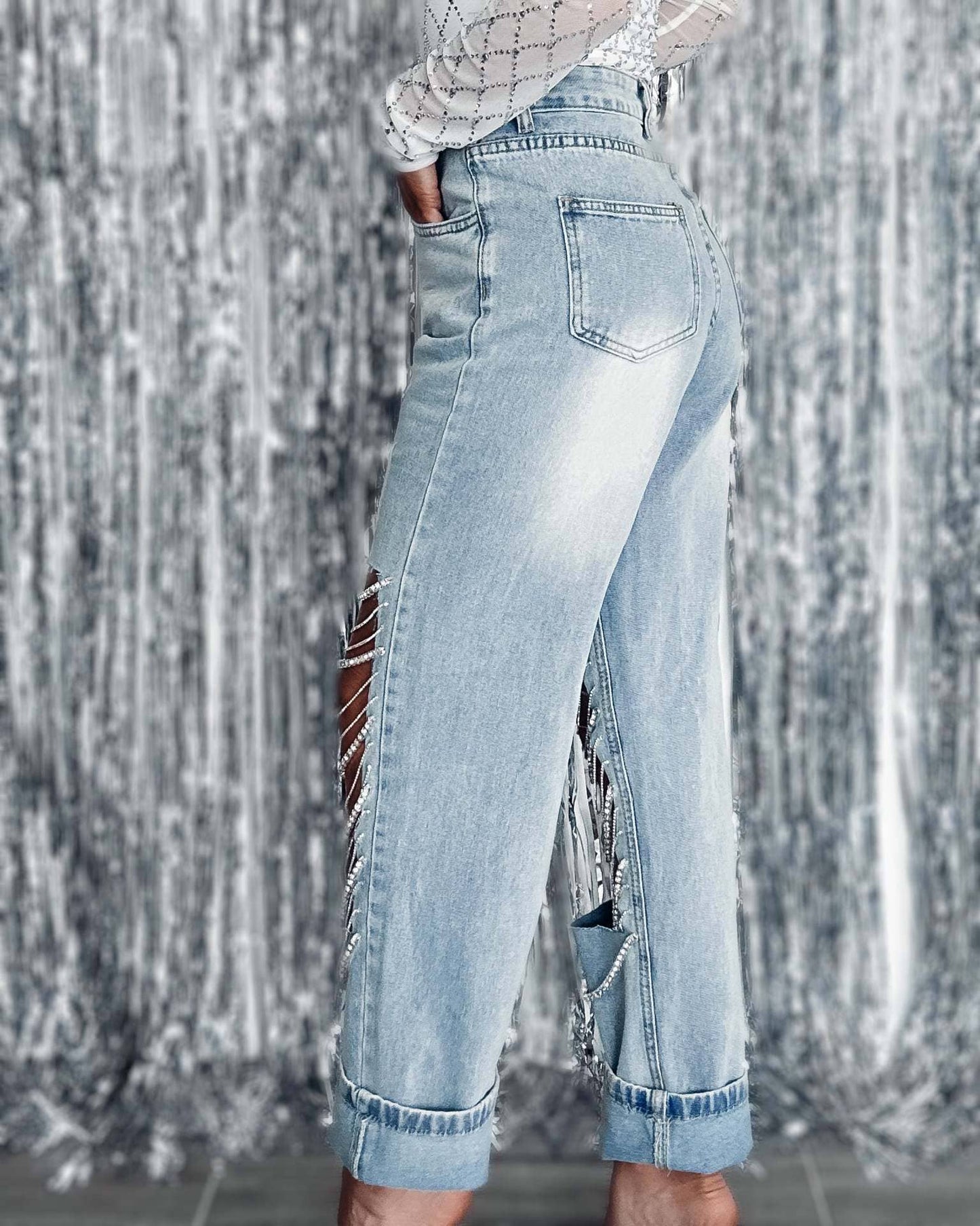 Denim & Diamonds Rhinestone Chain Ripped Cut Out Jeans: Blue / M