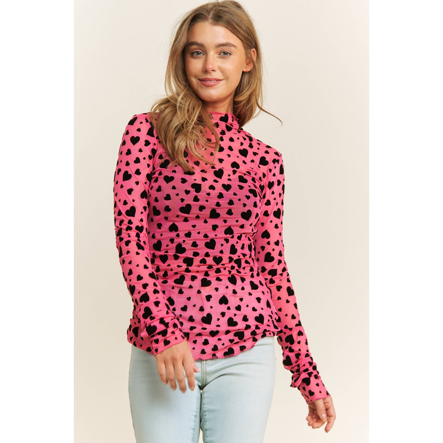 HEART COUNTRY HIGH NECK DESIGN LONG SLEEVE FITTED TOP: Hot Pink with Black Hearts / S-M-L