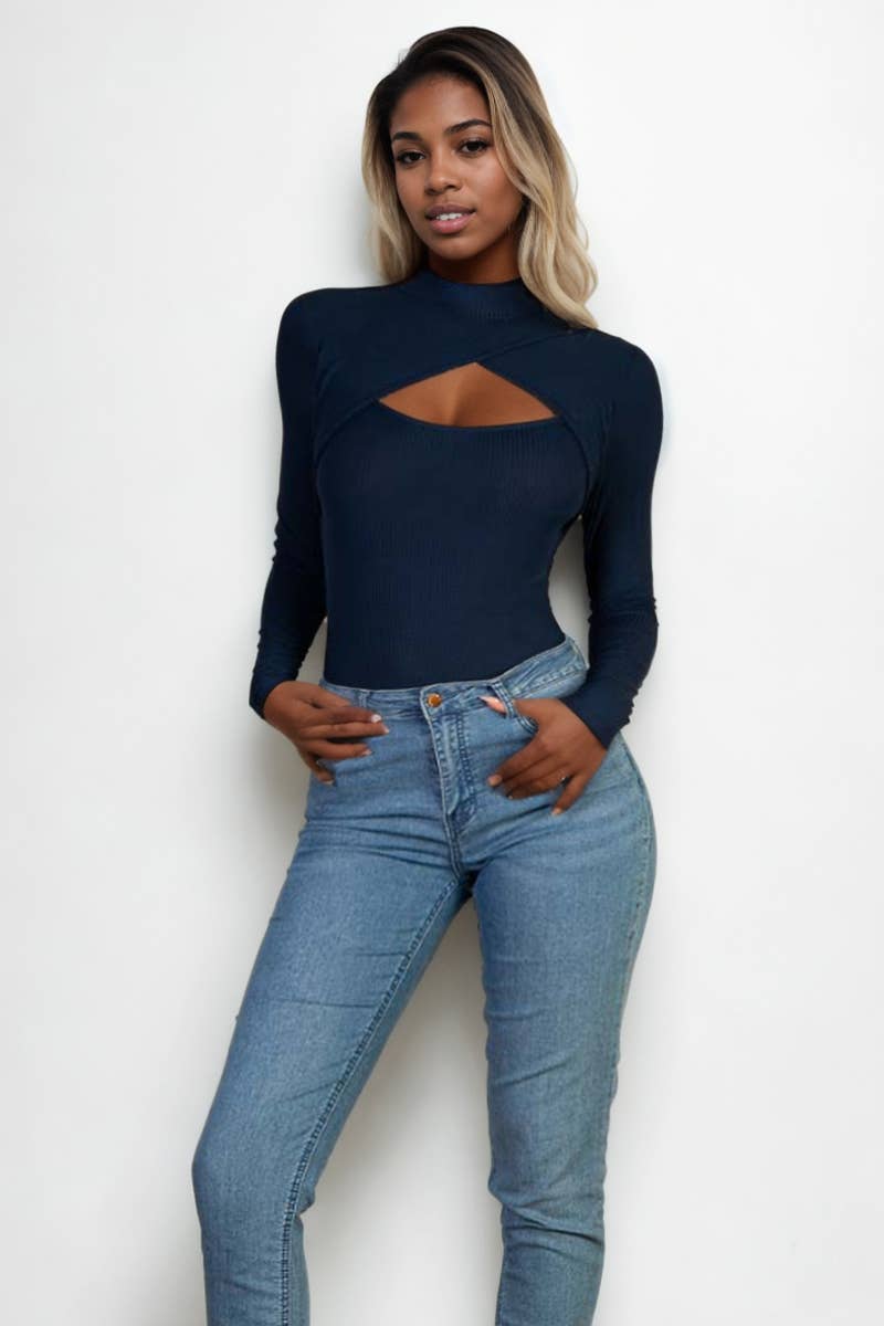 Front Cutout Long Sleeve Bodysuit: Black / L