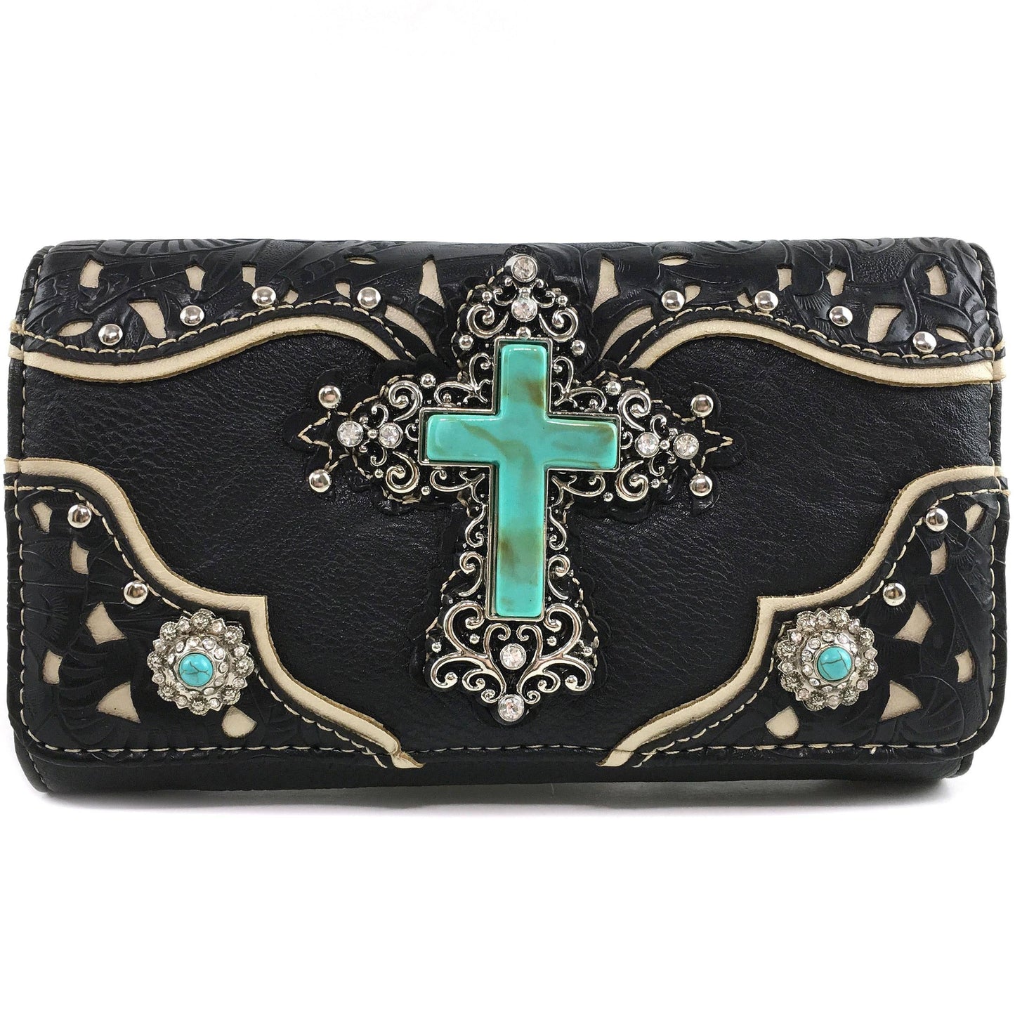 Turquoise Cross Pu Leather Western Crossbody Wallet: Beige
