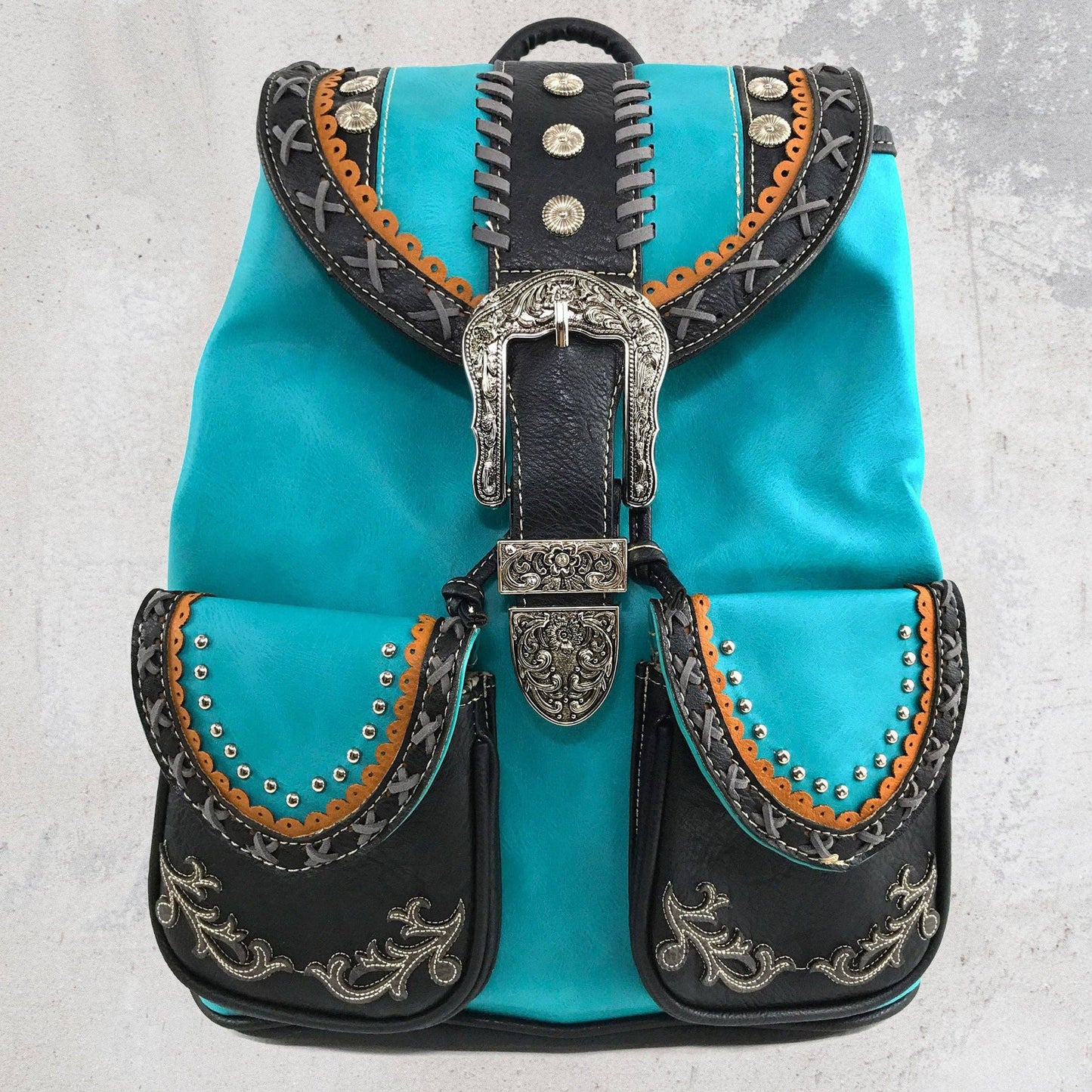 Western Leather Buckle Backpack: Tan