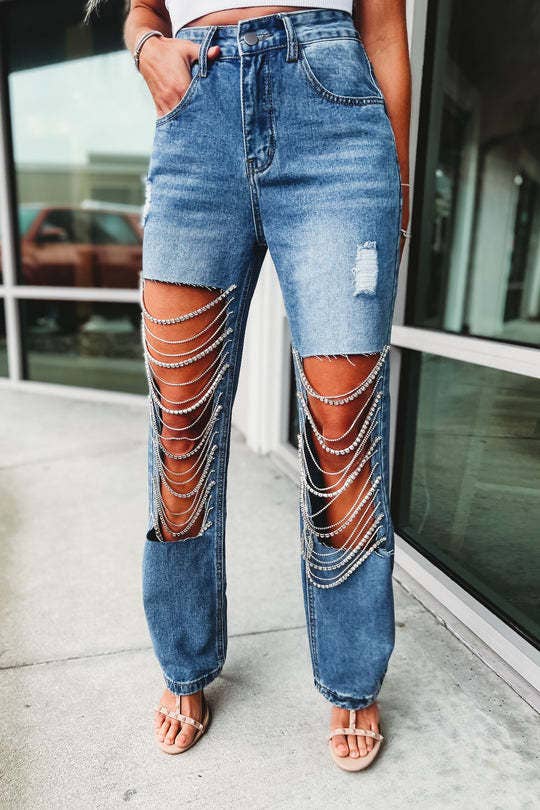 Denim & Diamonds Rhinestone Chain Ripped Cut Out Jeans: Blue / M