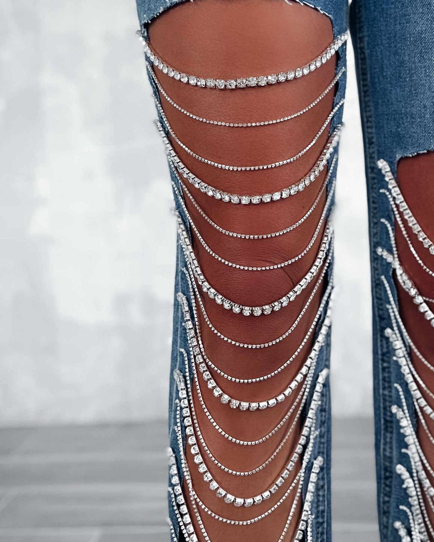 Denim & Diamonds Rhinestone Chain Ripped Cut Out Jeans: Blue / M