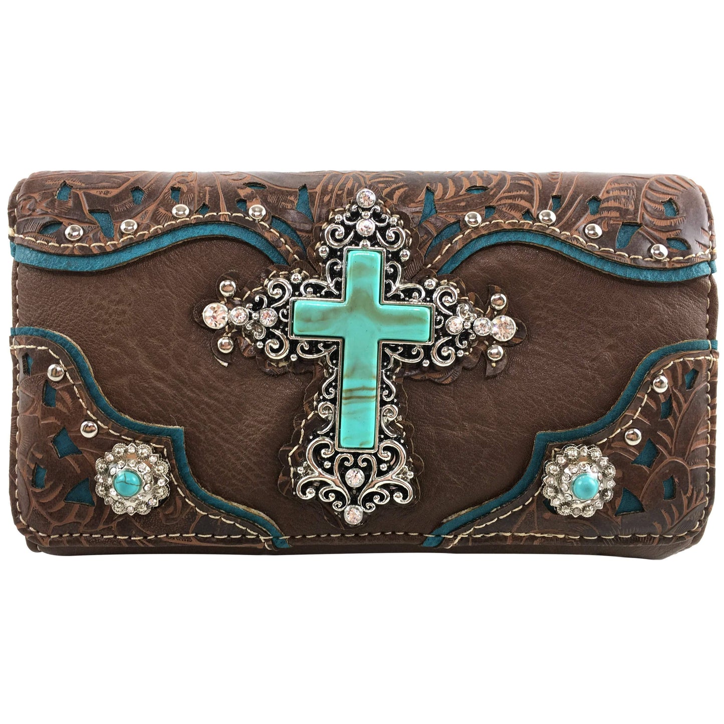 Turquoise Cross Pu Leather Western Crossbody Wallet: Beige