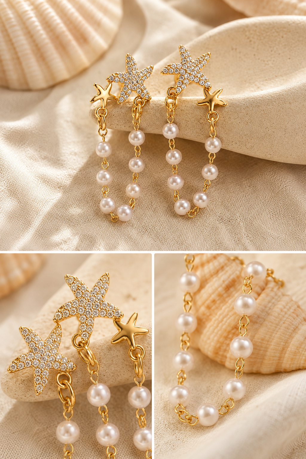Minimalist Beach Dangle Earrings - Gold Pearl Starfish