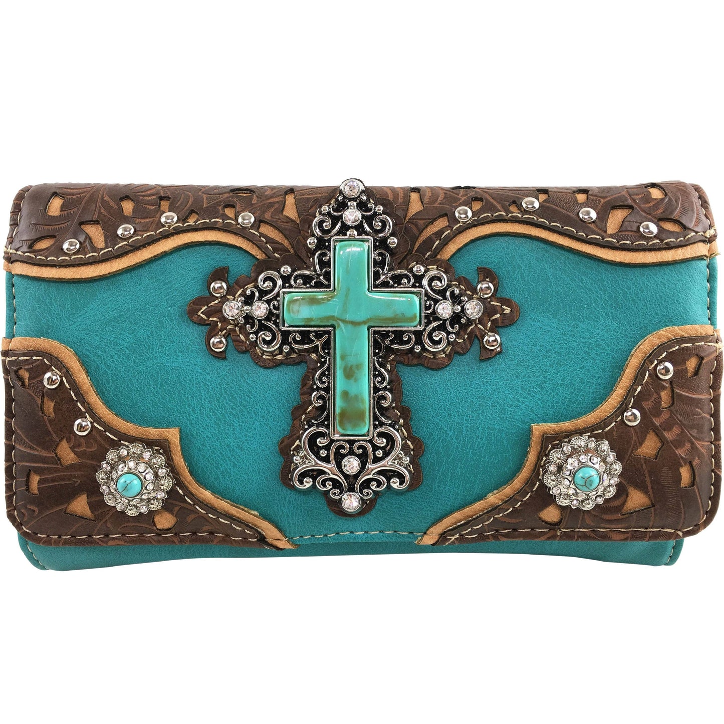 Turquoise Cross Pu Leather Western Crossbody Wallet: Beige