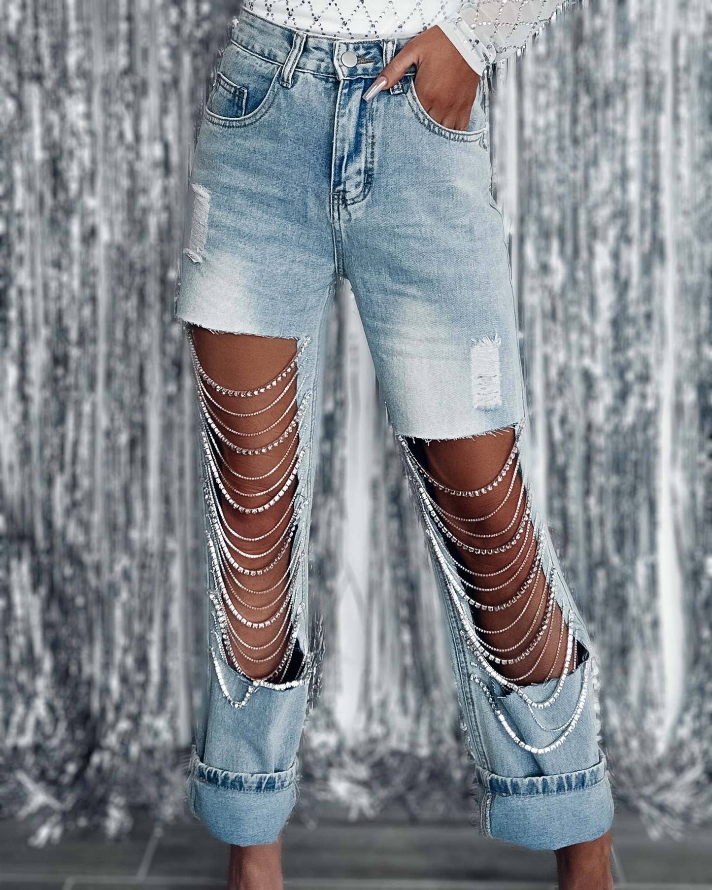 Denim & Diamonds Rhinestone Chain Ripped Cut Out Jeans: Blue / M