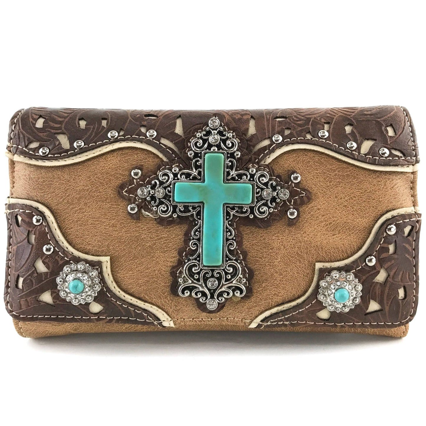 Turquoise Cross Pu Leather Western Crossbody Wallet: Beige