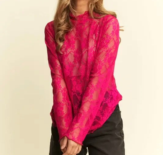 Floral Print Lace Top Long Sleeves Top for Women - Mesh Fabric - Nylon floral shirt - Fuchsia/L