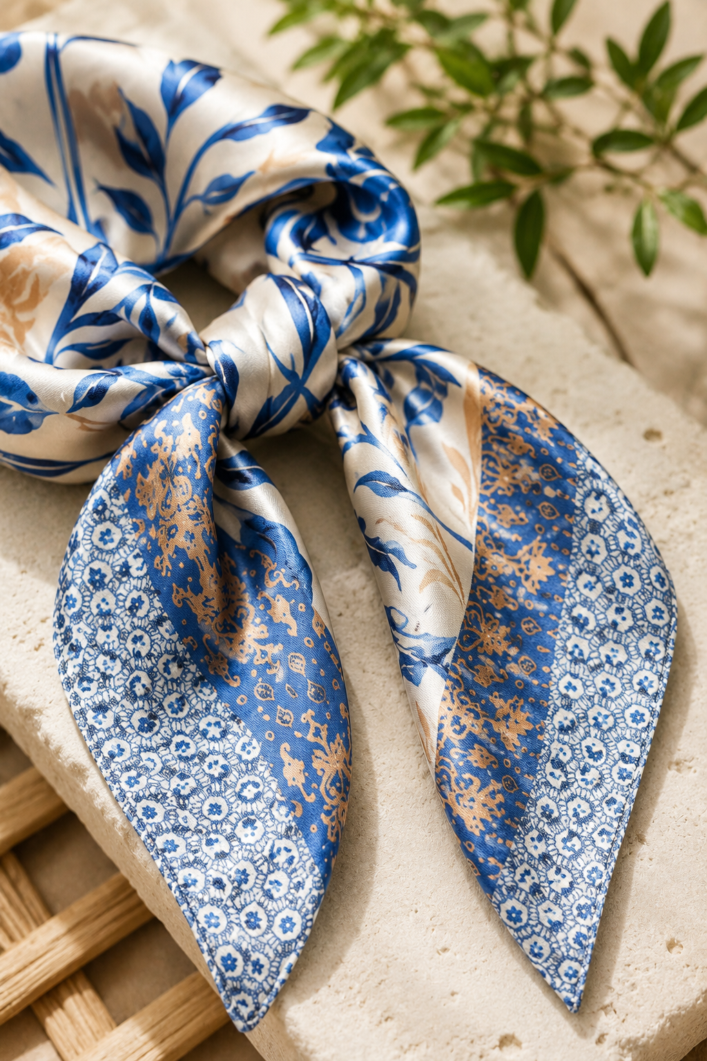 Boho Floral Satin Hair Bandana | Silk Feeling Purse Scarf: Santorini Blue