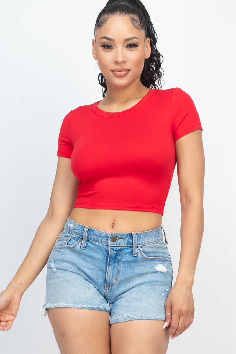 Short Sleeve Roundneck Crop Top: Dahlia / M
