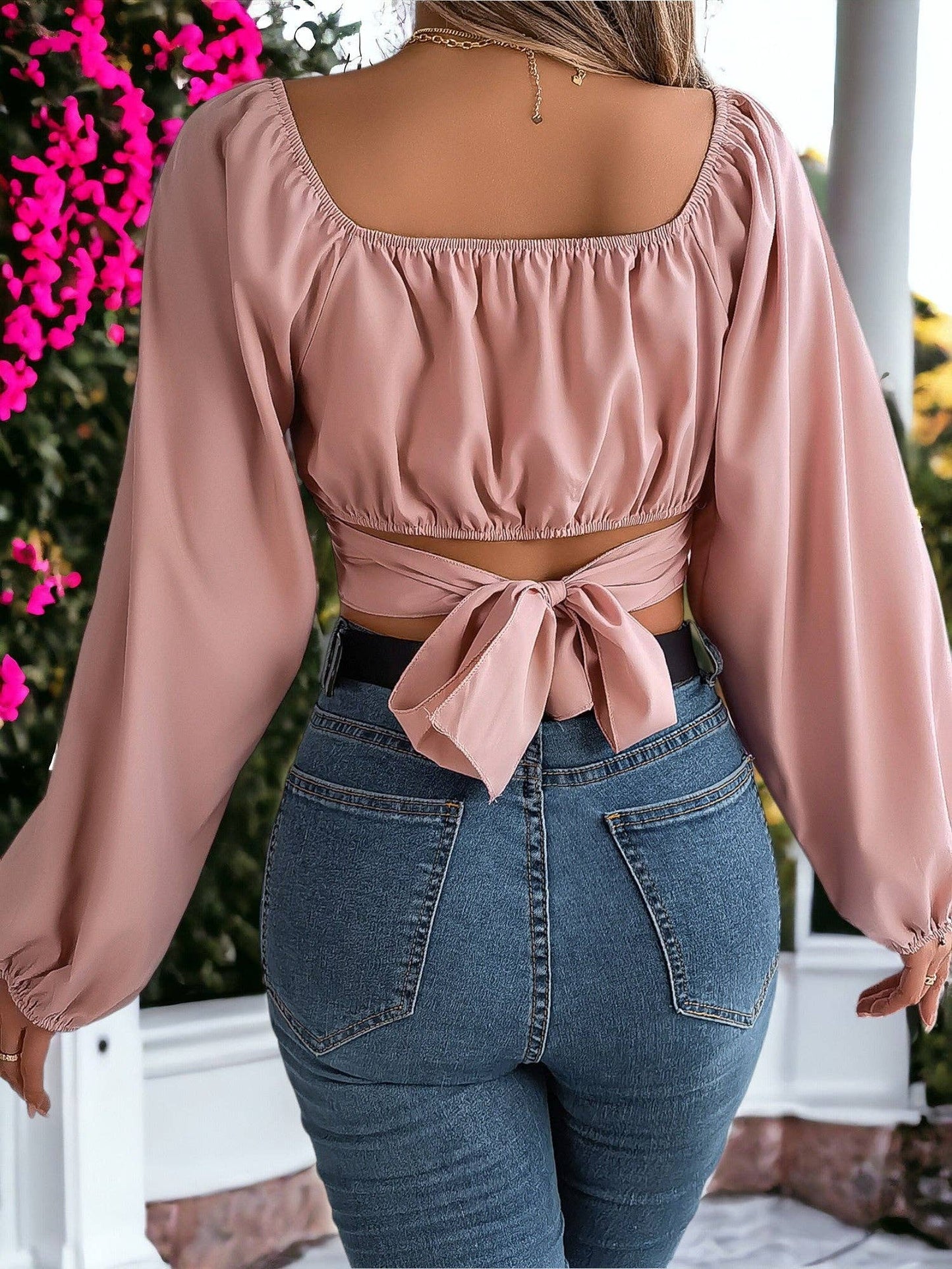 Lantern Sleeves Lace-Up Waist Chiffon Crop Top: Light Pink / Medium 8-10