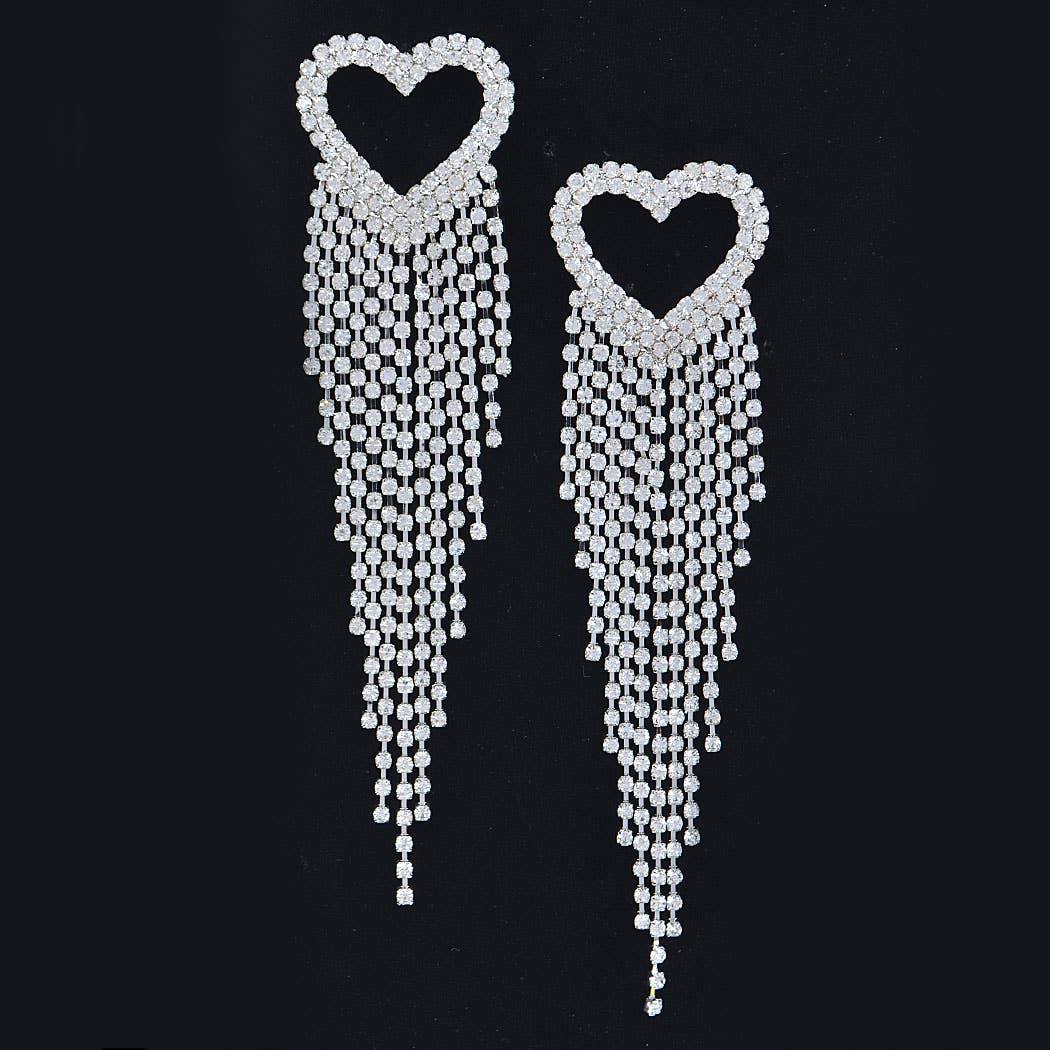 Rhinestone Heart Fringe Earring: Clear Gold