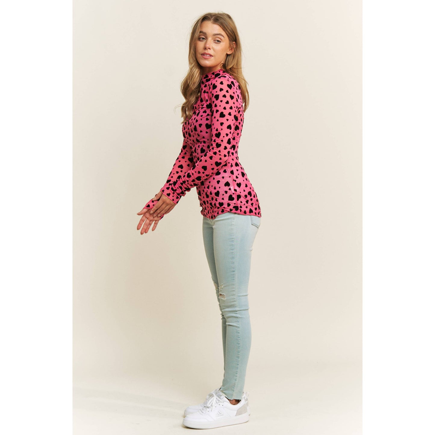 HEART COUNTRY HIGH NECK DESIGN LONG SLEEVE FITTED TOP: Hot Pink with Black Hearts / S-M-L