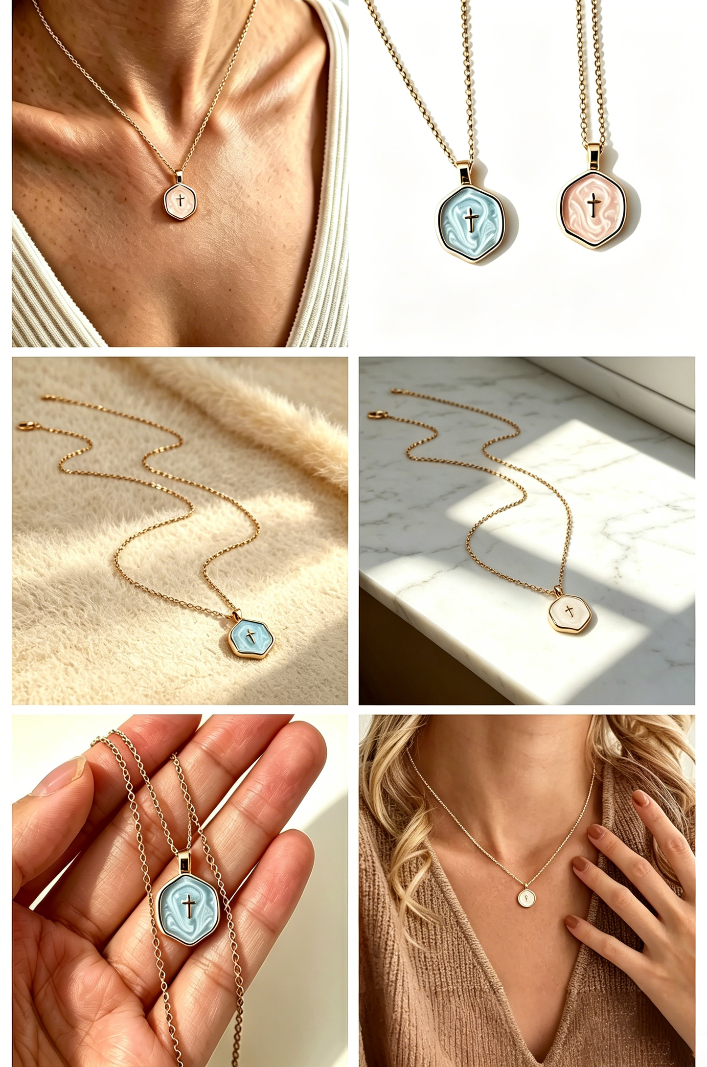 Hexagon Coastal Cross Necklace Goldtone Marine Enamel Chain: Blue