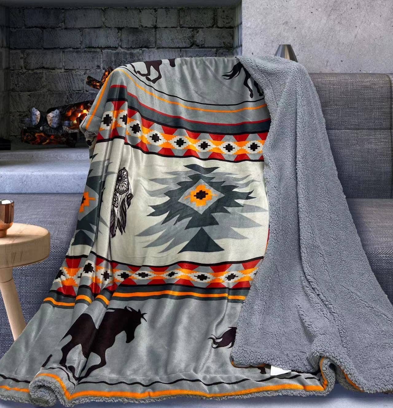 Gray Running Horse Sherpa Twin Size Blanket - 60" x 80"