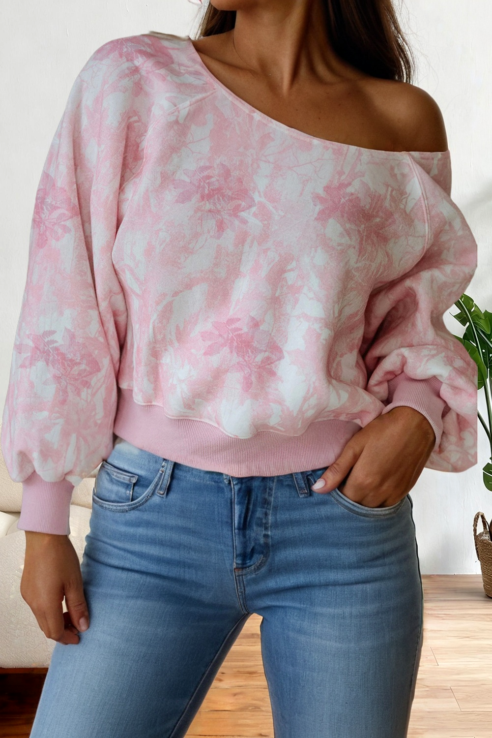 Camo Abstract Print Asymmetric Shoulder Long Sleeve Top: Pink Camo
