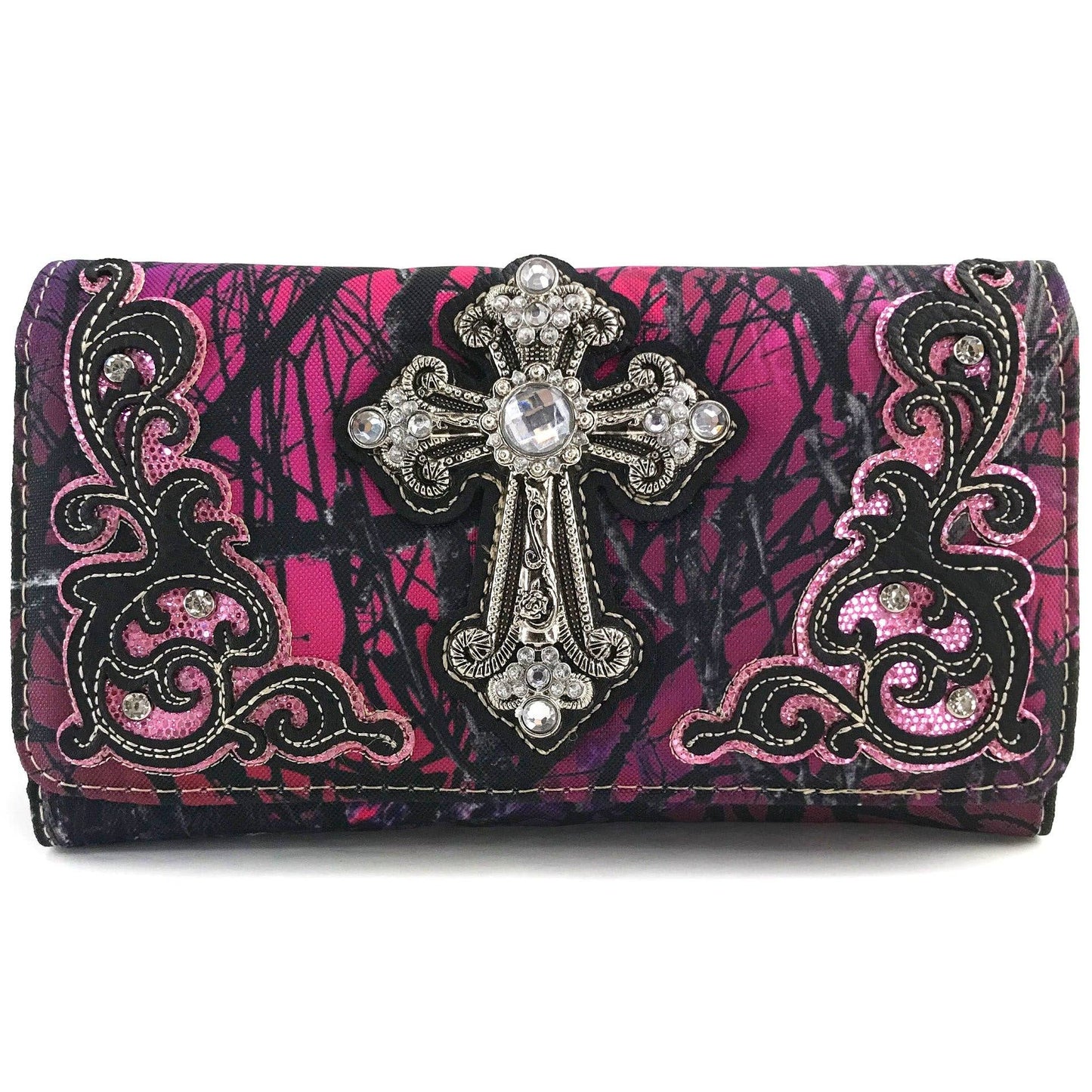 Rhinestone Cross Tree Camouflage Women's Crossbody Wallet: Pink and Purple