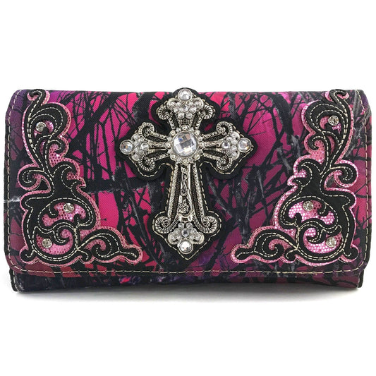 Rhinestone Cross Tree Camouflage Women's Crossbody Wallet: Pink and Purple