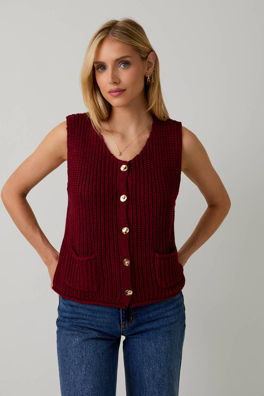 RELAXED BUTTON DOWN CHUNKY SWEATER VEST: Burgundy