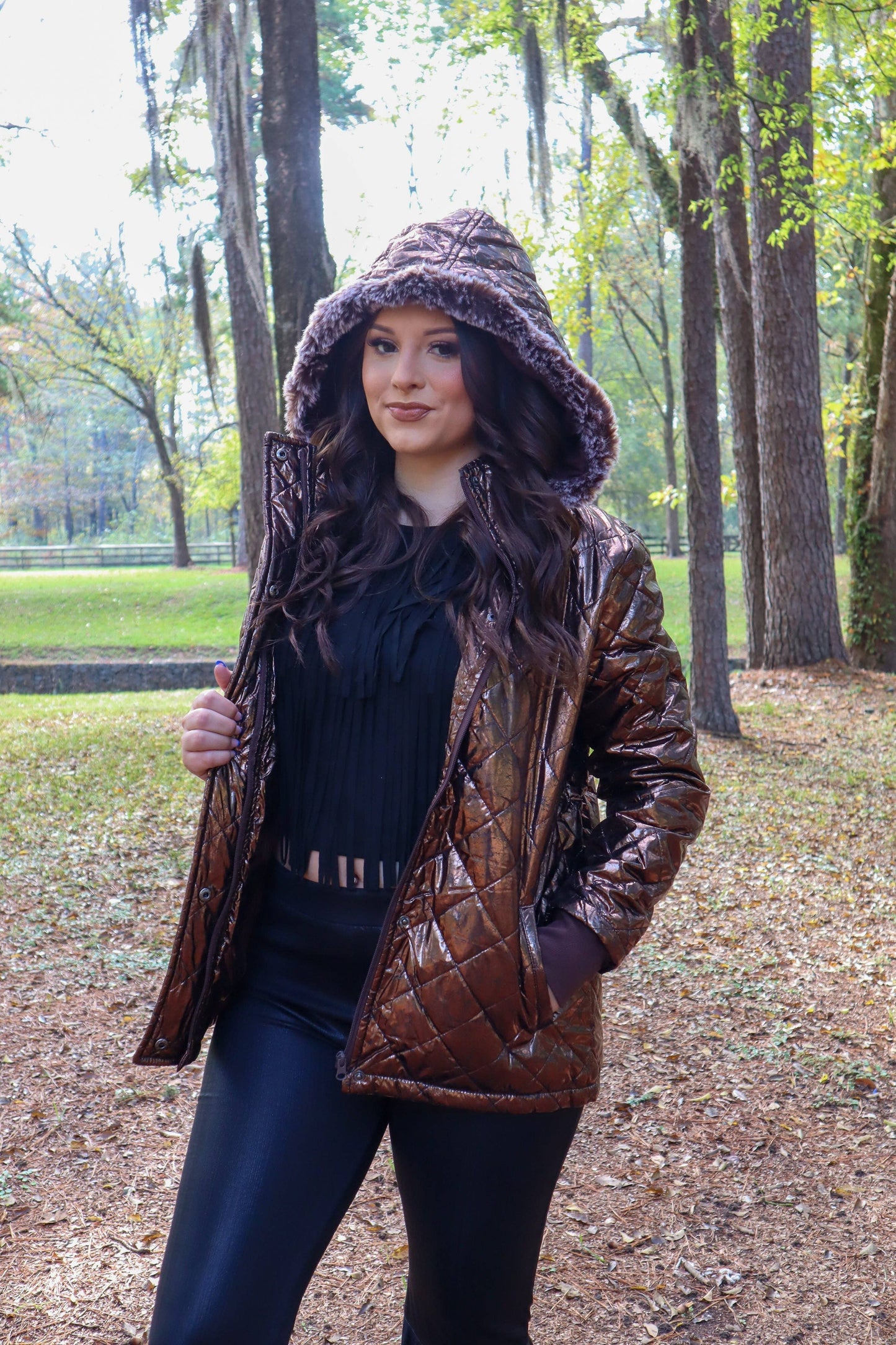 MK132 Carolina Fur Trimmed Quilted Jacket - Navy: NAVY / M