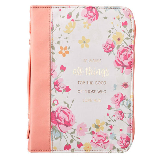 He Works All Things for Good Floral Faux Leather Bible Cover: Medium