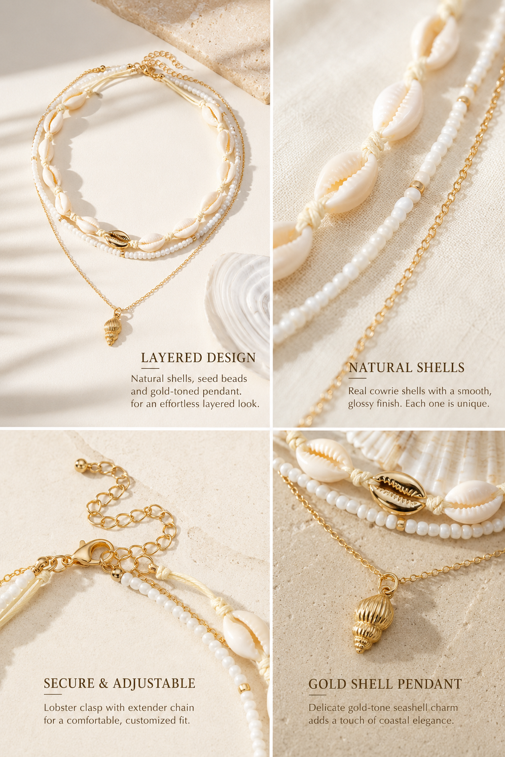 Ocean Life Pendant Necklace - 18K Gold Starfish Shell Conch: Gold Starfish & Pearl Strand