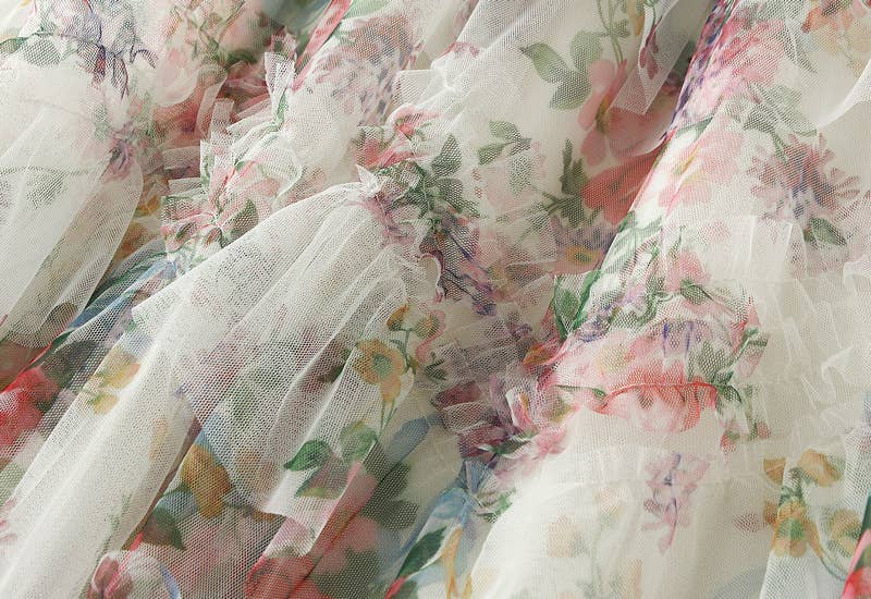 Floral tiered midi tulle skirt: Beige / M