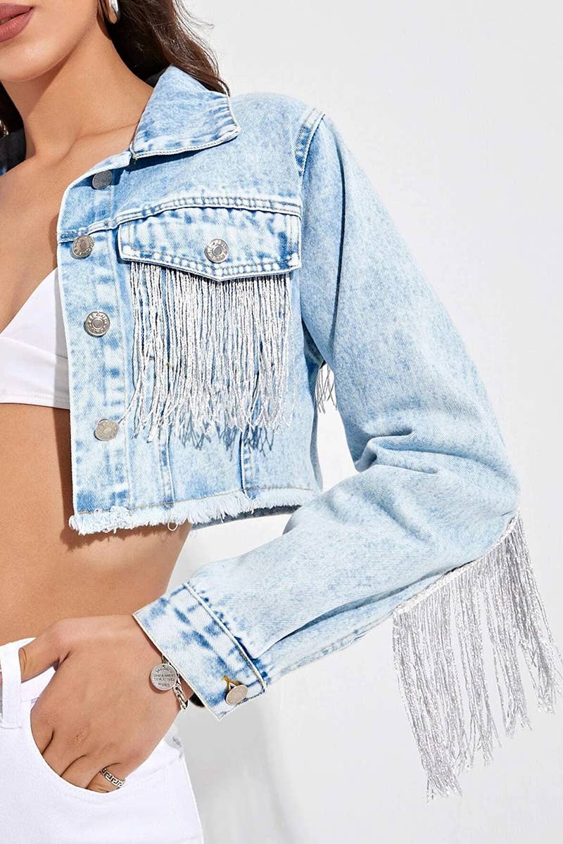 "COUNTRY GIRL" - Shimmer Fringe Detailed Crop Denim Jacket